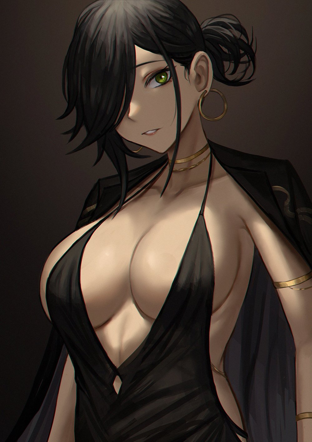 1girl, black_dress, black_hair, black_jacket, breasts, collarbone, colt_walker_(girls'_frontline), dark-skinned_female