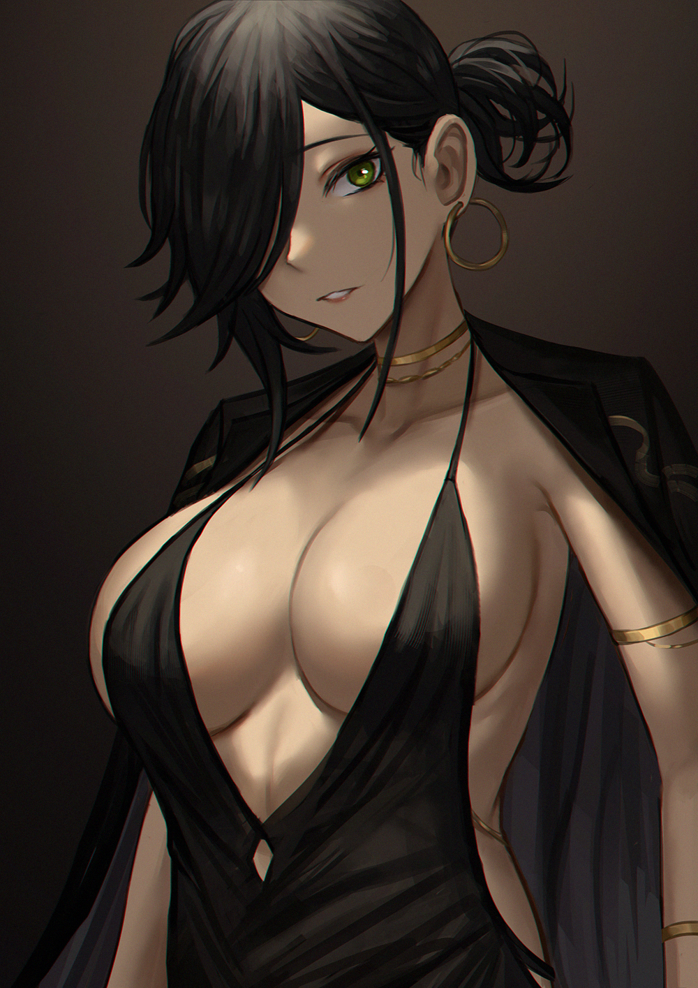 1girl, black_dress, black_hair, black_jacket, breasts, chinese_commentary, collarbone, colt_walker_(girls'_frontline)