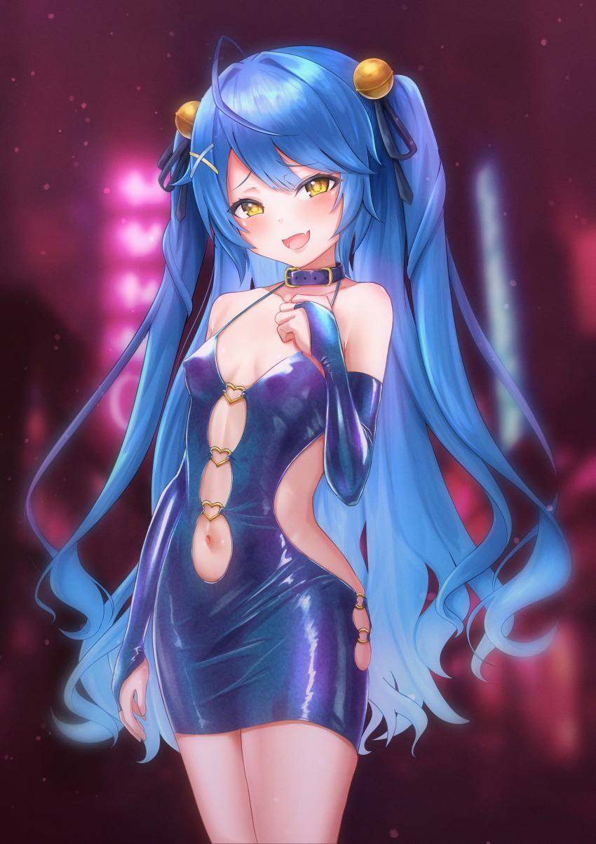 1girl, absurdres, ahoge, alternate_costume, amamiya_kokoro, armpit_crease, bare_shoulders, bell, blue_collar, blue_dress, blue_hair, blush, bodycon, breasts, bridal_gauntlets, clothing_cutout, collar, commentary_request, covered_erect_nipples, dress, fang, gradient_hair, hair_bell, hair_ornament, hair_ribbon, highres, ishi_no_shita, jingle_bell, large_variant_set, long_hair, looking_at_viewer, multicolored_hair, naughty_face, navel, navel_cutout, nijisanji, open_mouth, outdoors, revealing_clothes, revision, ribbon, shiny_clothes, skin_fang, small_breasts, smile, solo, twintails, variant_set, very_long_hair, virtual_youtuber, x_hair_ornament, yellow_eyes