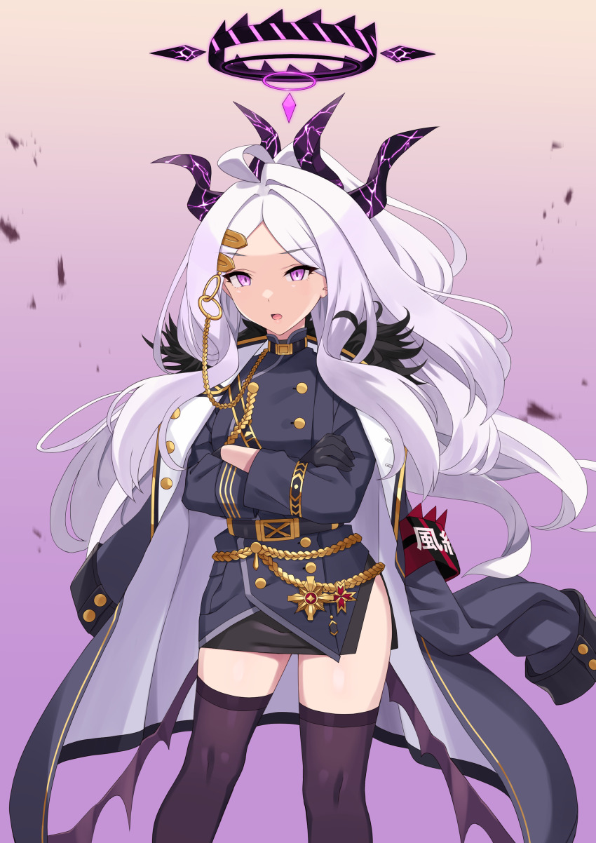 1girl, absurdres, ahoge, aiguillette, armband, black_gloves, black_skirt, blue_archive, buttons, coat, coat_on_shoulders, cross, crossed_arms, demon_horns, double-breasted, frilled_shirt, frills, gloves, halo, highres, hina_(blue_archive), horns, hraf8mvqvxzvago, iron_cross, long_coat, long_hair, military, military_uniform, miniskirt, multiple_horns, parted_bangs, purple_coat, purple_eyes, shirt, side_slit, skirt, solo, thighhighs, white_hair, white_shirt, zettai_ryouiki