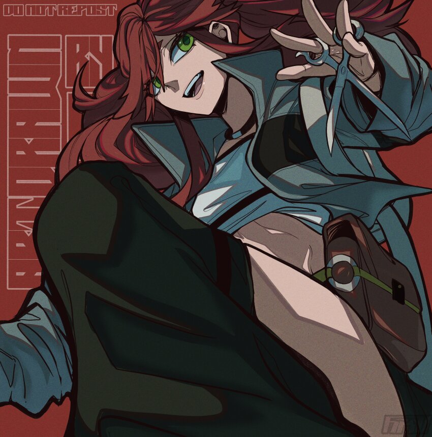 1girl, absurdres, belt_pouch, clothing_cutout, crop_top, eyes_visible_through_hair, gachiakuta, green_eyes, highres, jacket, medium_hair, multicolored_jacket, open_mouth, ovotheartist_(kidddovo), pouch, red_background, red_hair, riyo_reaper, simple_background, smile, solo, thigh_cutout, thigh_gap, twintails, two-tone_jacket