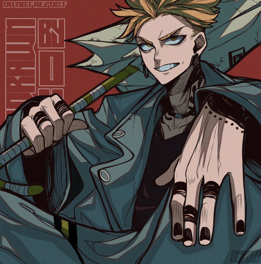 1boy, absurdres, arm_tattoo, black_nails, black_shirt, blonde_hair, body_markings, coat