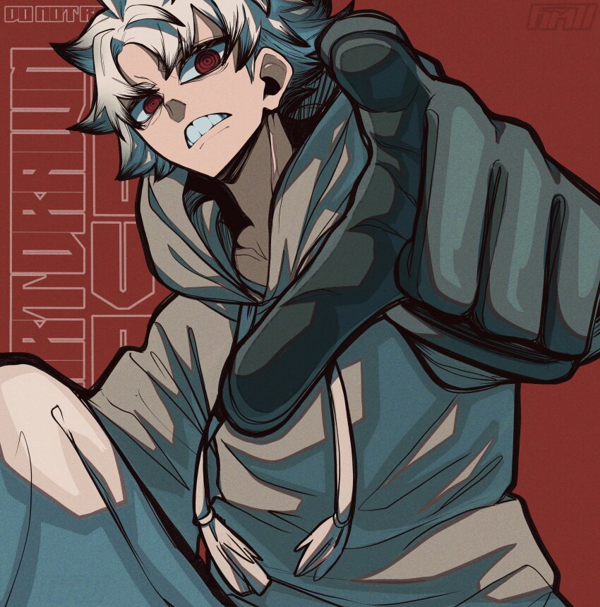 1boy, absurdres, clenched_teeth, colored_tips, gachiakuta, gloves, grey_gloves, grey_hoodie