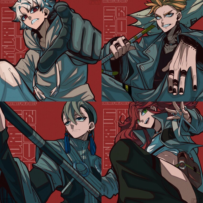 2boys, 2girls, absurdres, arm_tattoo, belt_pouch, black_nails, black_shirt, blonde_hair