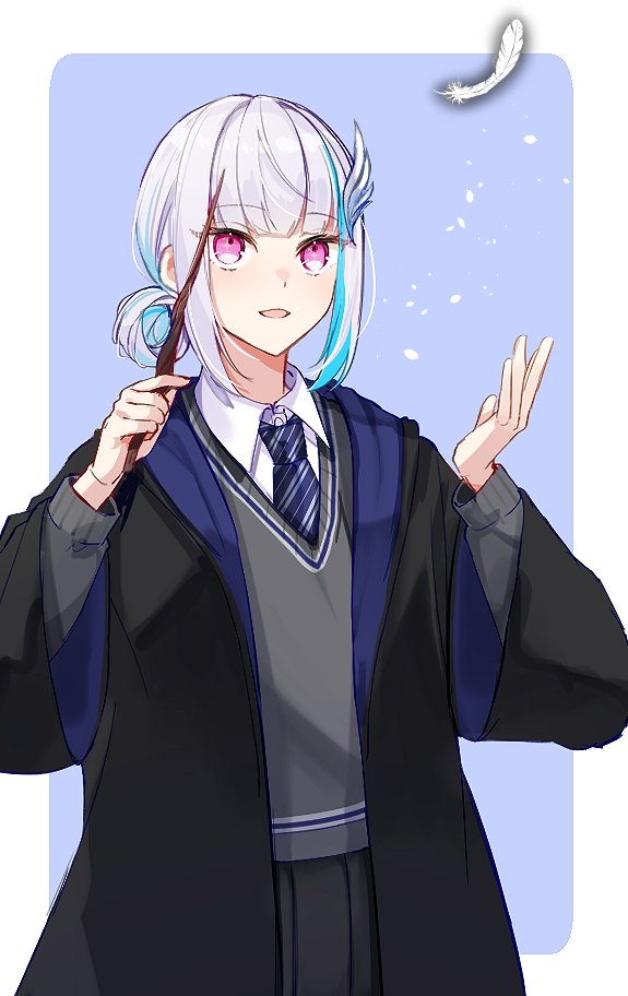 1girl, aqua_hair, black_cloak, black_skirt, blue_cloak, blue_necktie, blunt_bangs, border