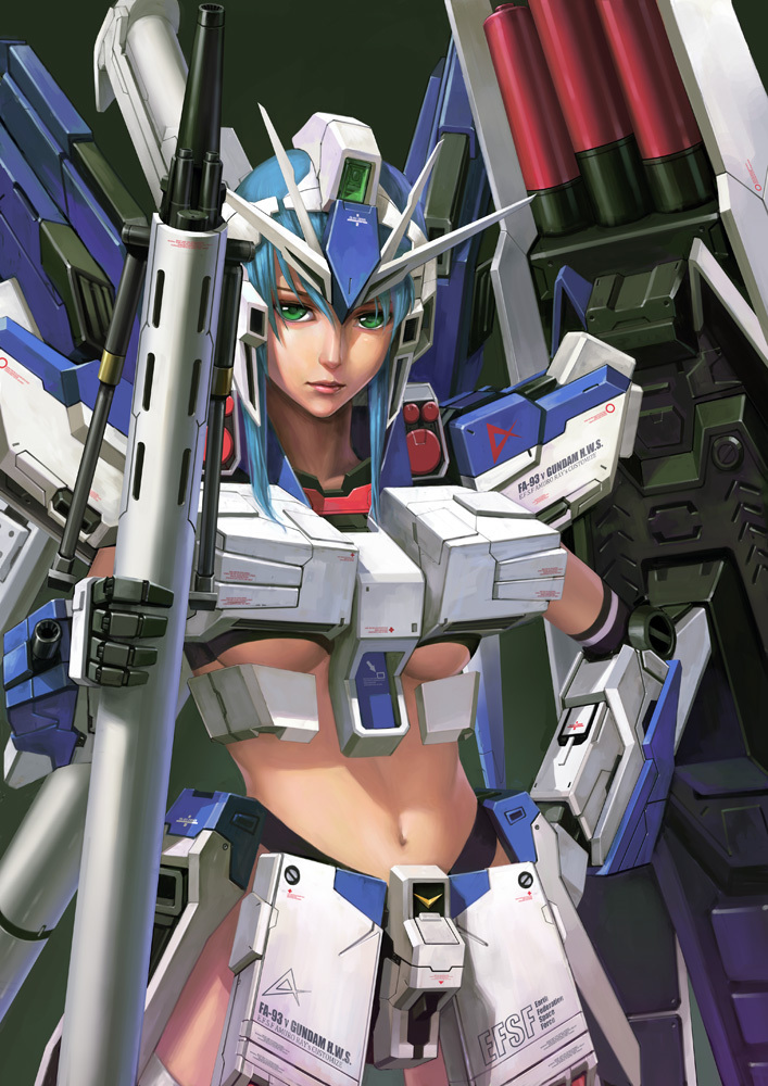 1girl, armor, blue_hair, breasts, char's_counterattack, char's_counterattack_-_beltorchika's_children, female_focus, green_eyes, gundam, helmet, hi-nu_gundam, hi-nu_gundam_hws, large_breasts, lips, long_hair, mecha, mecha_musume, midriff, navel, nu_gundam_hws, personification, robot, solo, underboob, weapon, zhenlin