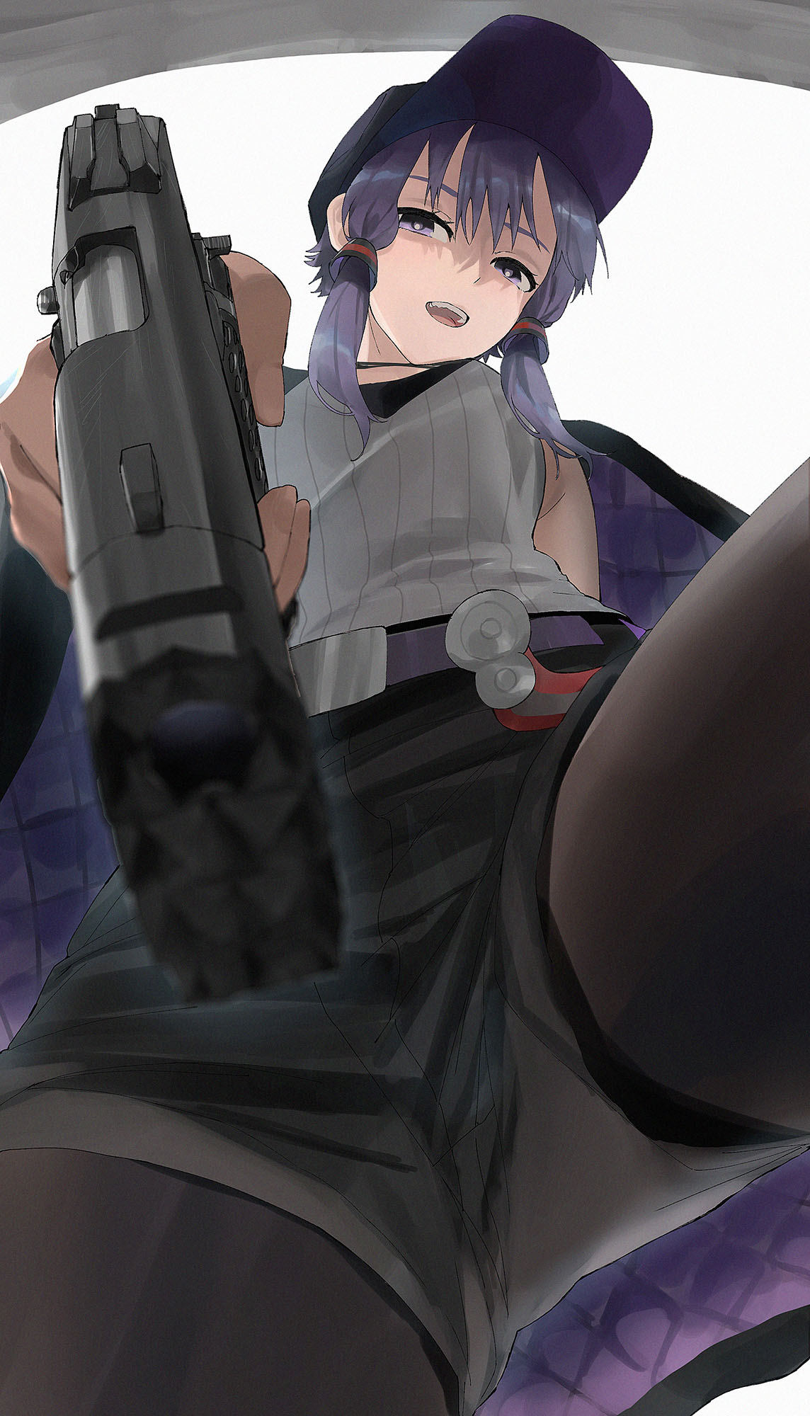 1girl, a.i._voice, aiming, baseball_cap, belt, wallet_chain, black_hat, black_jacket