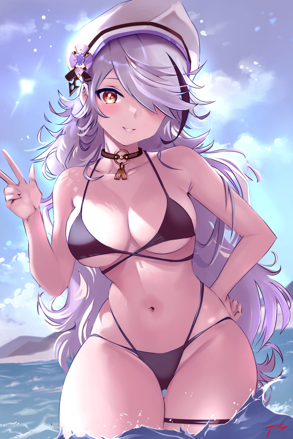 1girl, bare_shoulders, bikini, black_bikini, black_choker, brown_eyes, choker, cloud