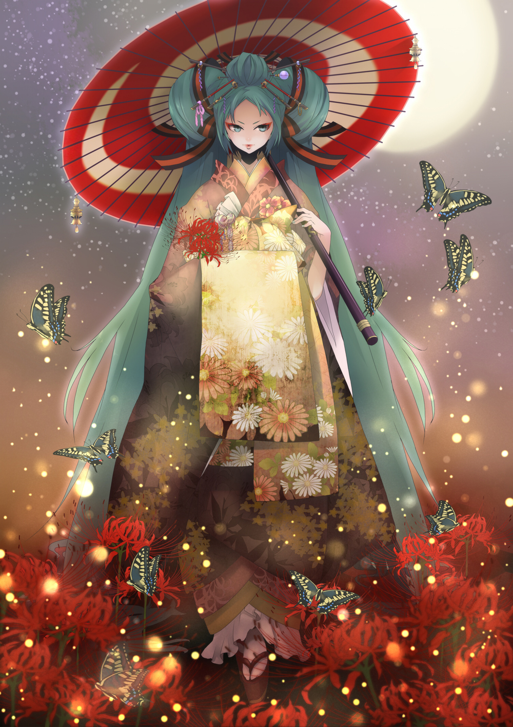 1girl, alternate_hairstyle, aqua_eyes, aqua_hair, bug, butterfly, chrysanthemum_print, clog_sandals