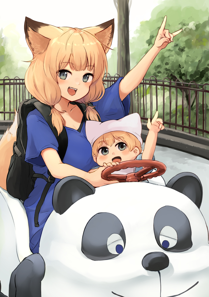 1boy, 1girl, :d, animal_ear_fluff, animal_ears, animal_hat, arm_up, backpack