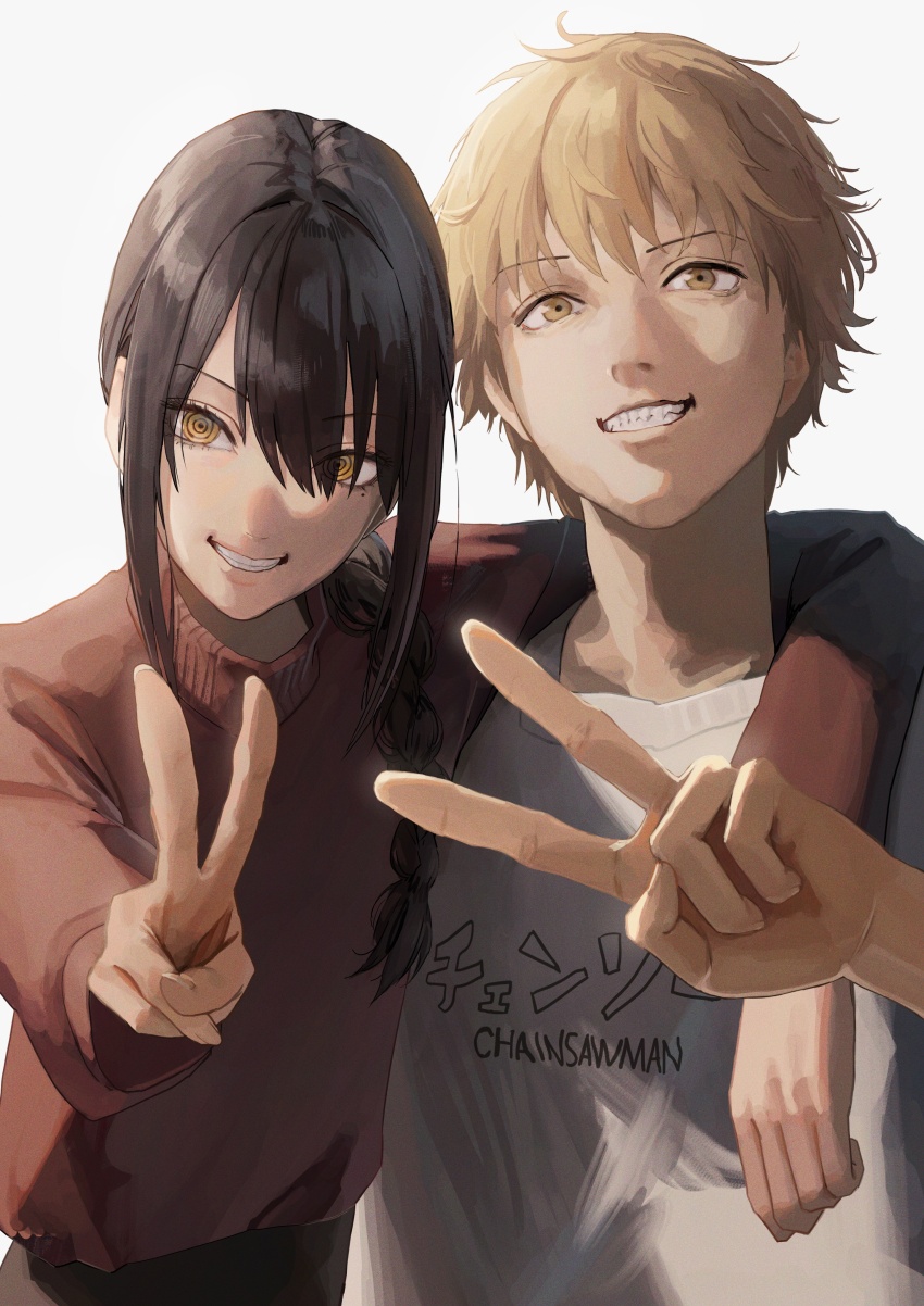 1boy, 1girl, absurdres, ao_desu2222, arm_armor, black_hair, blonde_hair, braid