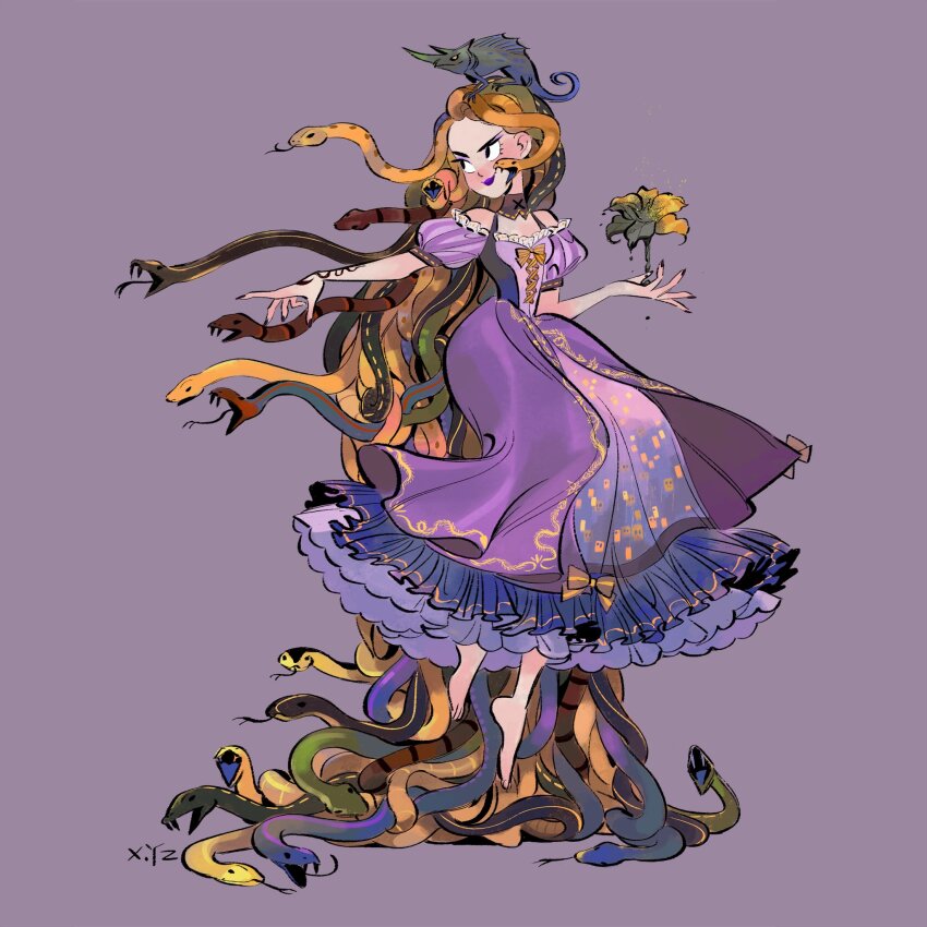 1girl, barefoot, blush, dress, flower, highres, holding, holding_flower