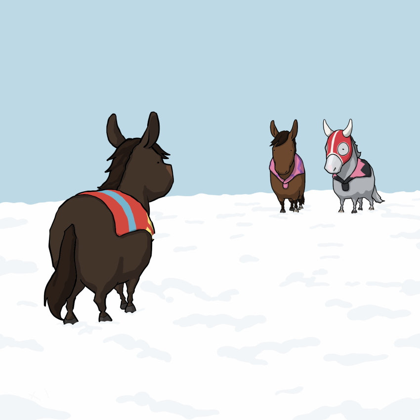 animal_focus, biwa_hayahide_(racehorse), blue_sky, bnw_(racehorse), brown_fur, cape, chibi, day, facing_another, facing_away, from_behind, full_body, grey_fur, heaven, highres, hood, horse, jajaumant, looking_at_viewer, mane, narita_taishin_(racehorse), no_humans, on_cloud, outdoors, real_life, sky, solid_eyes, standing, winning_ticket_(racehorse)