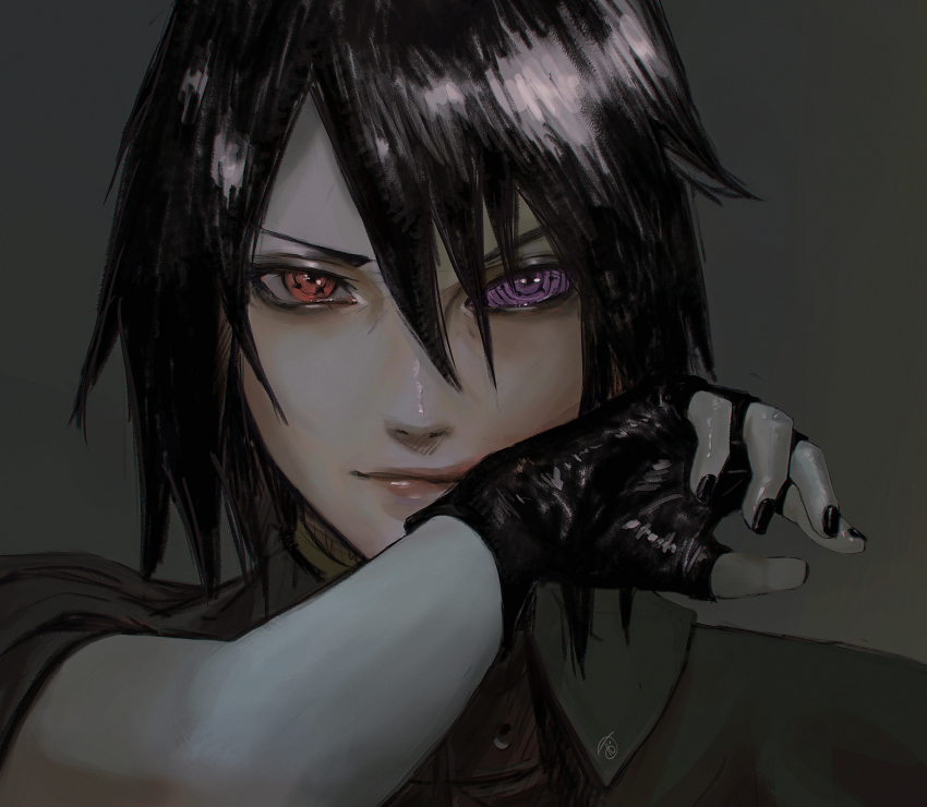1boy, black_hair, black_nails, fingerless_gloves, gloves, hair_between_eyes, hand_to_own_mouth, highres