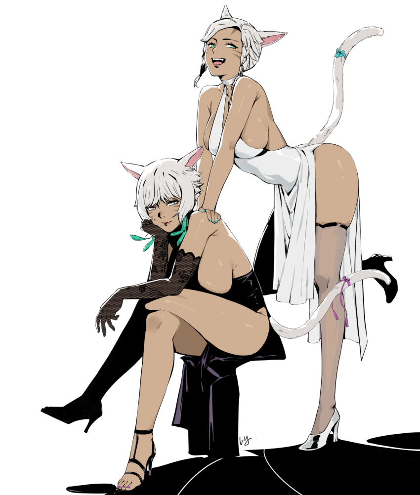 2girls, alternate_costume, animal_ears, black_dress, black_gloves, blue_eyes, breasts, cat_ears, cat_tail, choker, dark-skinned_female, dark_skin, dress, elbow_gloves, facial_mark, feather_hair_ornament, feathers, final_fantasy, final_fantasy_xiv, gloves, grey_eyes, hair_ornament, head_rest, high_heels, highres, invisible_chair, large_breasts, leaning_on_person, liangjushuang, looking_at_viewer, miqo'te, multiple_girls, open_mouth, ribbon, short_hair, siblings, sideboob, simple_background, sisters, sitting, tail, tail_ornament, tail_ribbon, thighhighs, whisker_markings, white_choker, white_dress, white_hair, y'mhitra_rhul, y'shtola_rhul