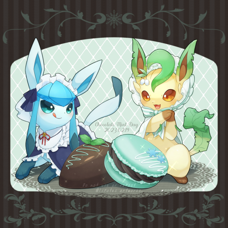 :d, :q, alopias, chocolate, chocolate-covered_food, chocolate_strawberry, closed_mouth, clothed_pokemon, commentary_request, dated, food, frills, gen_4_pokemon, glaceon, glaceon_(tea_party), green_eyes, leafeon, macaron, mint_chocolate, neck_ribbon, nintendo, no_humans, open_mouth, pokemon, pokemon_(creature), pokemon_unite, ribbon, smile, sparkle, tongue, tongue_out, watermark