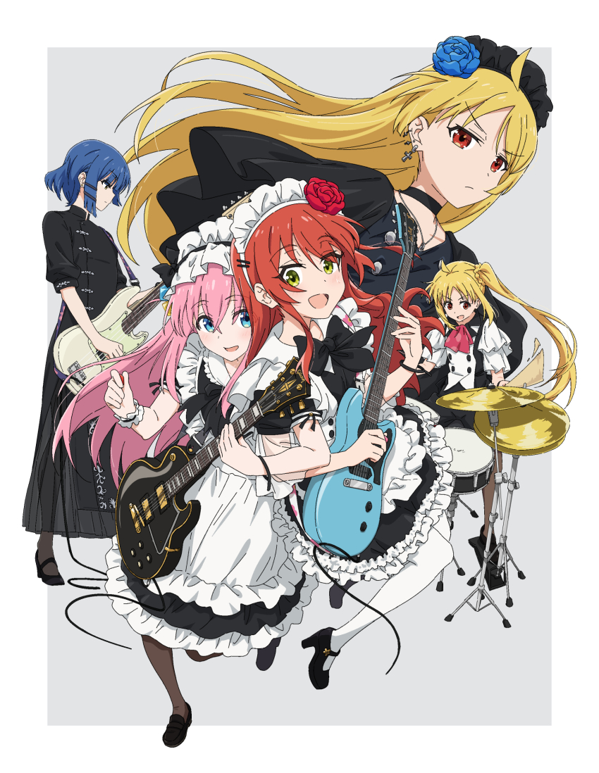 5girls, apron, band-maid, bass_guitar, black_choker, blonde_hair, blue_hair, bocchi_the_rock!, bow, chinese_clothes, choker, cosplay, dress, drum, drum_set, earrings, flower, frills, gotoh_hitori, guitar, hair_flower, hair_ornament, highres, ijichi_nijika, ijichi_seika, instrument, jewelry, kita_ikuyo, maid, maid_apron, maid_headdress, multiple_girls, music, pink_hair, playing_instrument, pleated_skirt, red_hair, sanada_(tony2035176), siblings, sisters, skirt, yamada_ryo