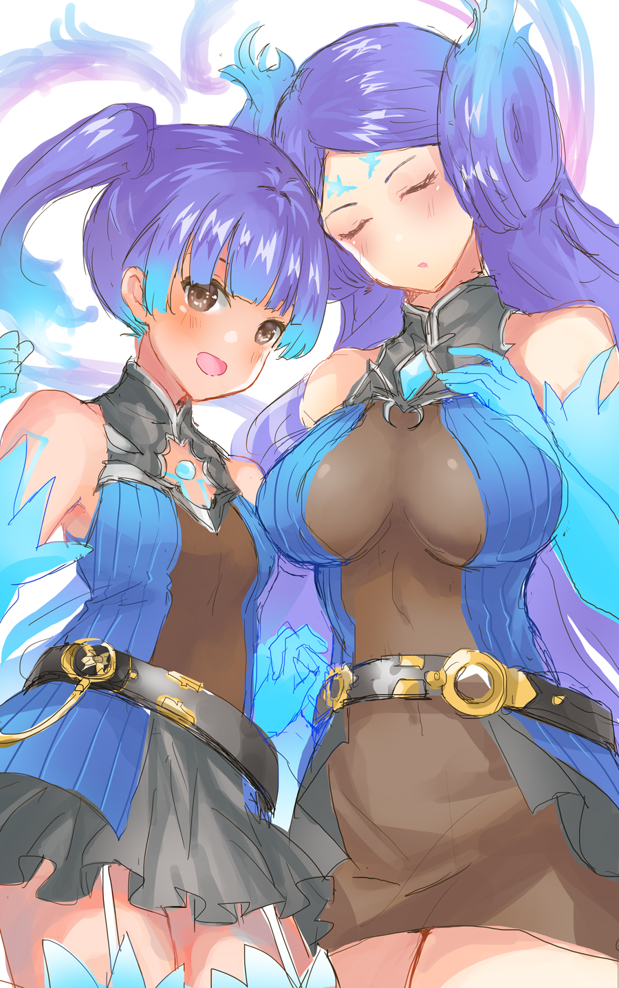 2girls, belt, blue_fire, blue_gloves, blue_hair, breasts, brighid_(xenoblade), brighid_(xenoblade)_(cosplay)