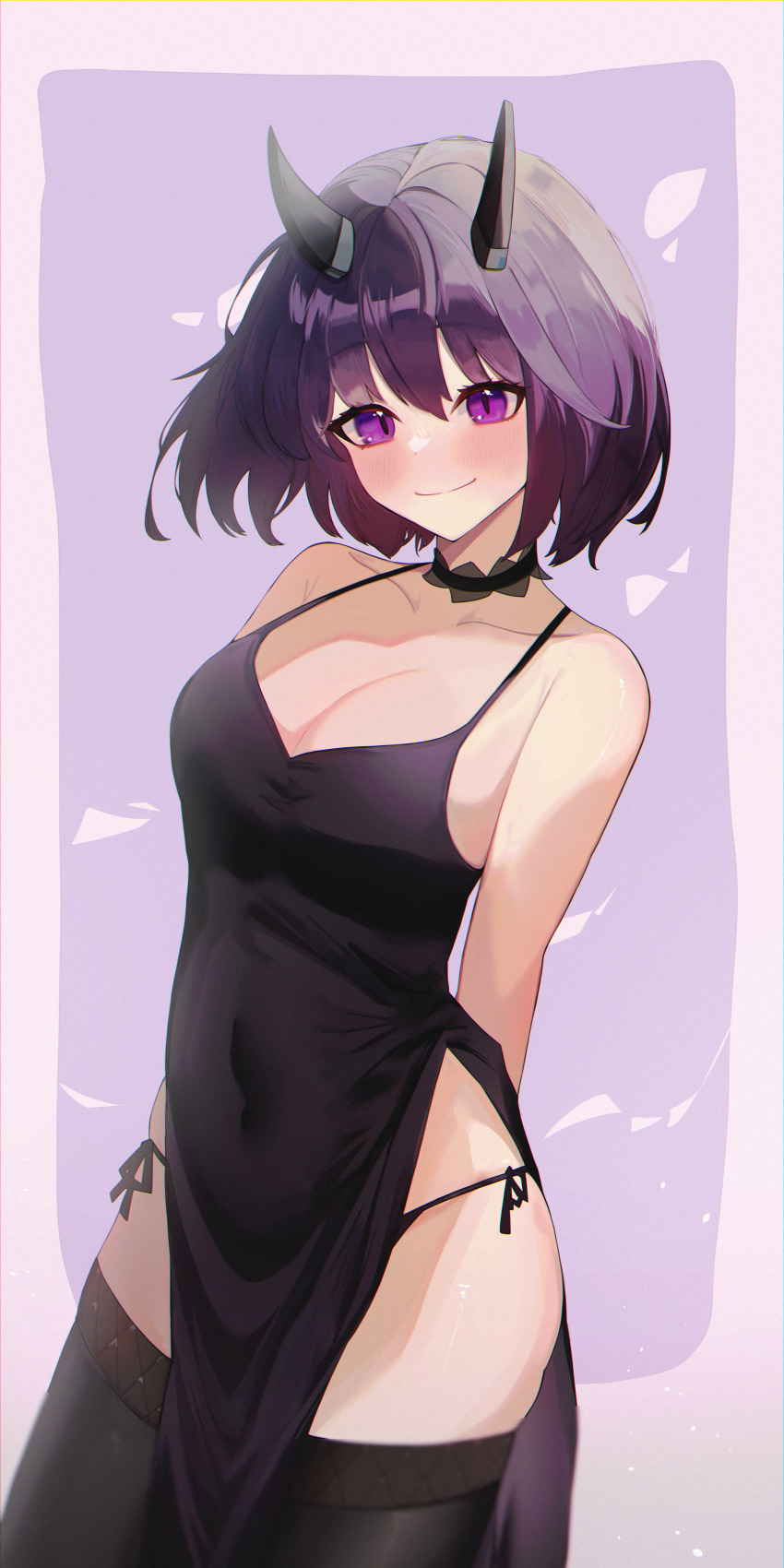 1girl, absurdres, arms_behind_back, bare_arms, bare_shoulders, black_choker, black_dress, black_panties