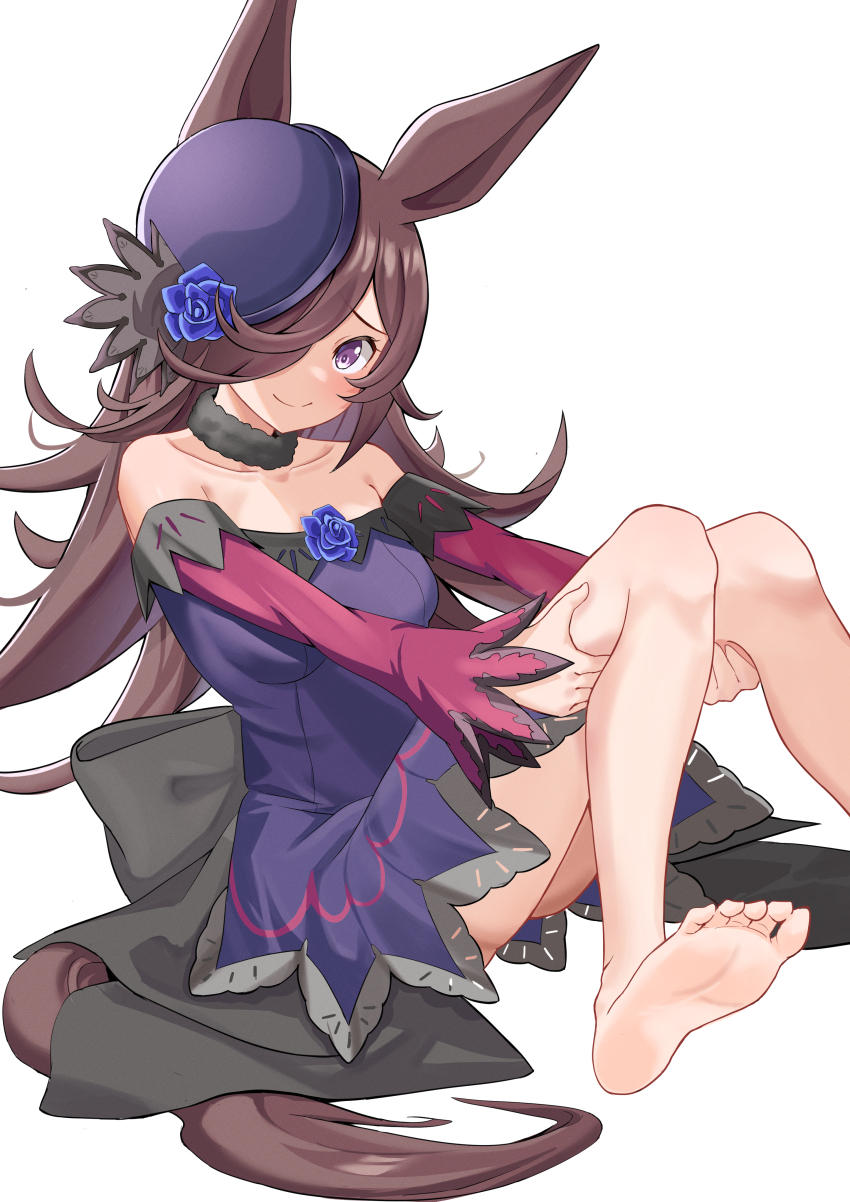 1girl, absurdres, animal_ears, barefoot, brown_hair, feet, hair_over_one_eye, highres