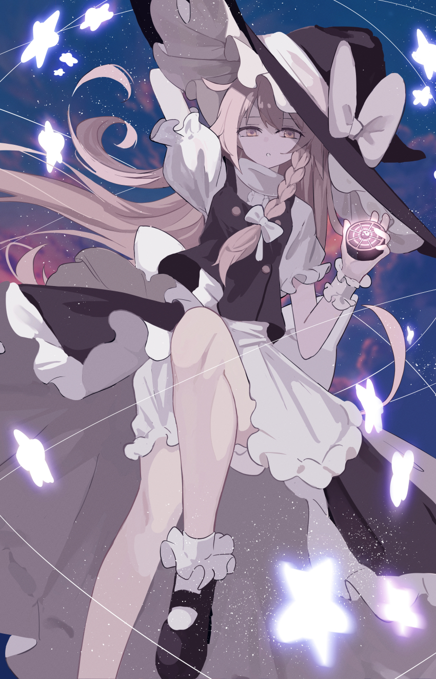 1girl, :o, absurdres, apron, black_hat, black_shoes, black_skirt, black_vest