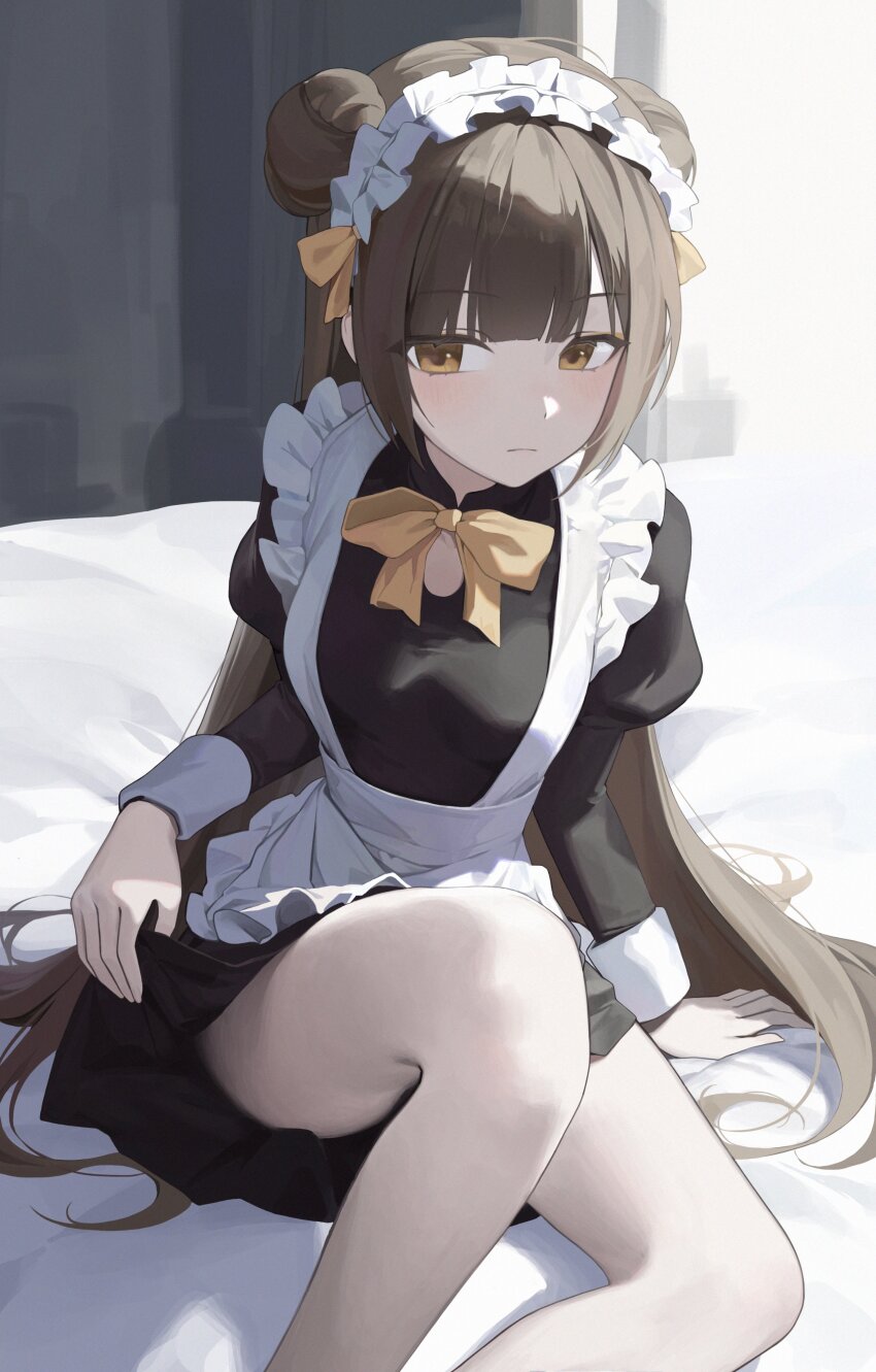 1girl, absurdres, alternate_costume, apron, black_dress, black_survival, blunt_bangs, bow