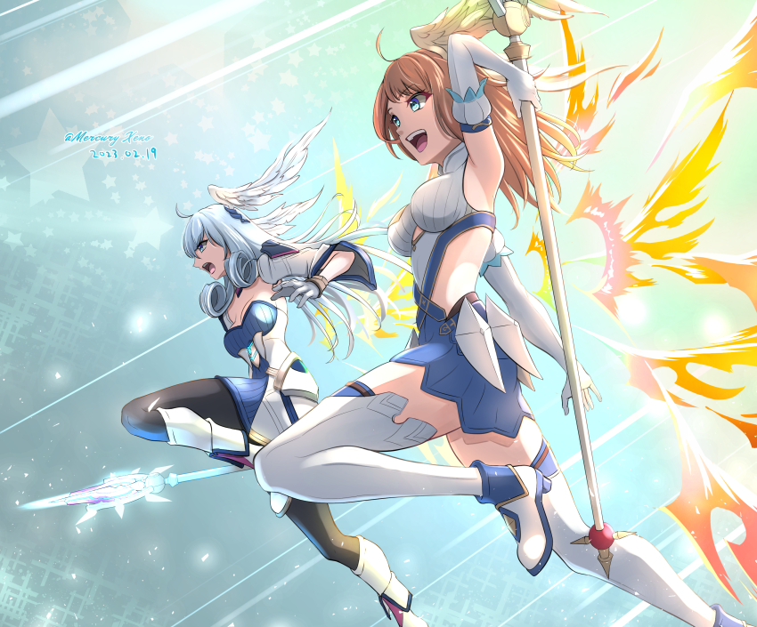 2girls, ahoge, brown_hair, cosplay, detached_sleeves, elbow_gloves, eunie_(xenoblade), feathered_wings