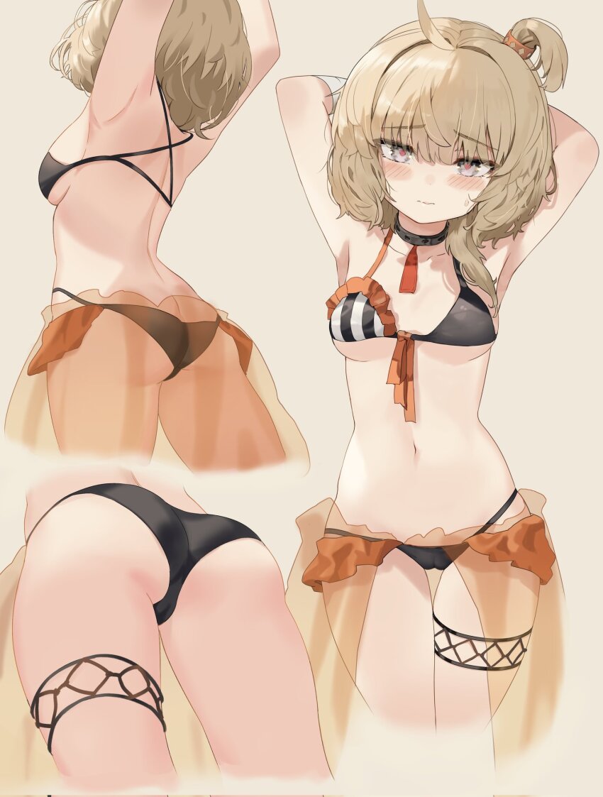 1girl, ahoge, armpits, arms_behind_head, ass, bikini, black_bikini, blonde_hair, blush, breasts, butt_crack, choker, commentary, corrupted_twitter_file, cowboy_shot, frilled_bikini, frills, girls'_frontline, heart, heart-shaped_pupils, highres, lemures, looking_at_viewer, medium_breasts, medium_hair, multiple_views, navel, official_alternate_costume, one_side_up, purple_eyes, sterling_(girls'_frontline), sterling_(melting_in_the_summer_heat)_(girls'_frontline), stomach, sweatdrop, swimsuit, symbol-shaped_pupils, underboob