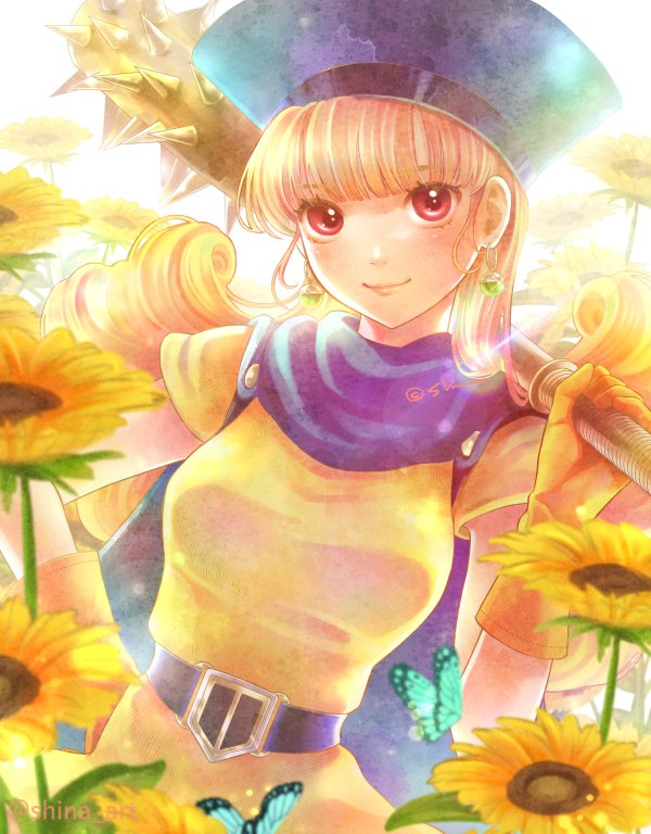 1girl, alena_(dq4), belt, blue_cape, blue_hat, blush, breasts, bug