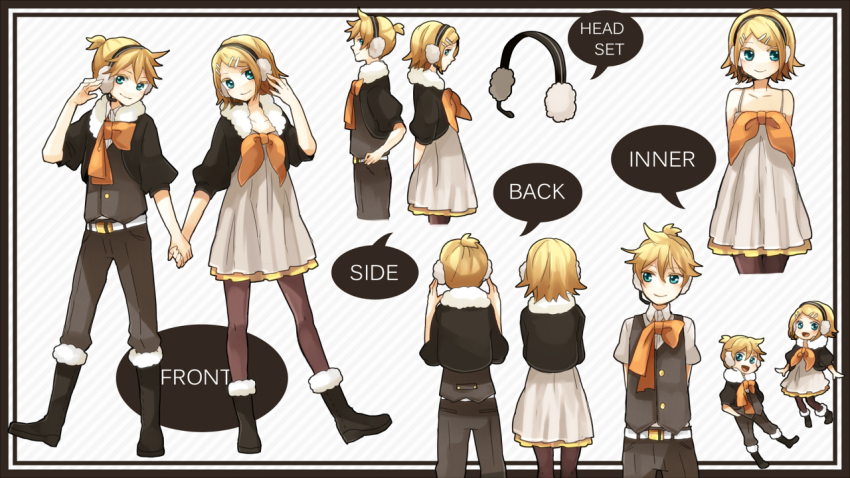 1boy, 1girl, boots, brother_and_sister, concept_art, dress, earmuffs, gemini_(vocaloid), headphones, kagamine_len, kagamine_len_(asymmetry_l), kagamine_rin, kagamine_rin_(asymmetry_r), legs, pants, pantyhose, project_diva, project_diva_(series), project_diva_2nd, siblings, tama_(songe), twins, vest, vocaloid