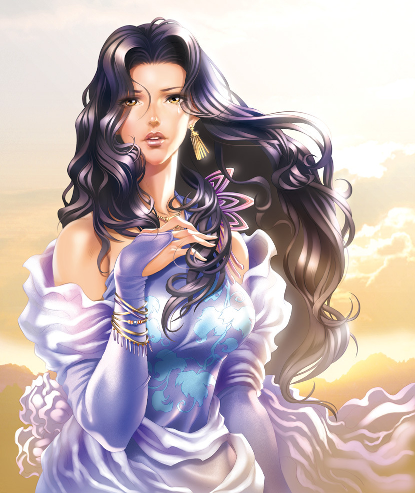 1girl, black_hair, bridal_gauntlets, dress, earrings, female_focus, hokuto_no_ken, jewelry, long_hair, maeda_hiroyuki, solo, tears, wind, yellow_eyes, yuria_(hokuto_no_ken)