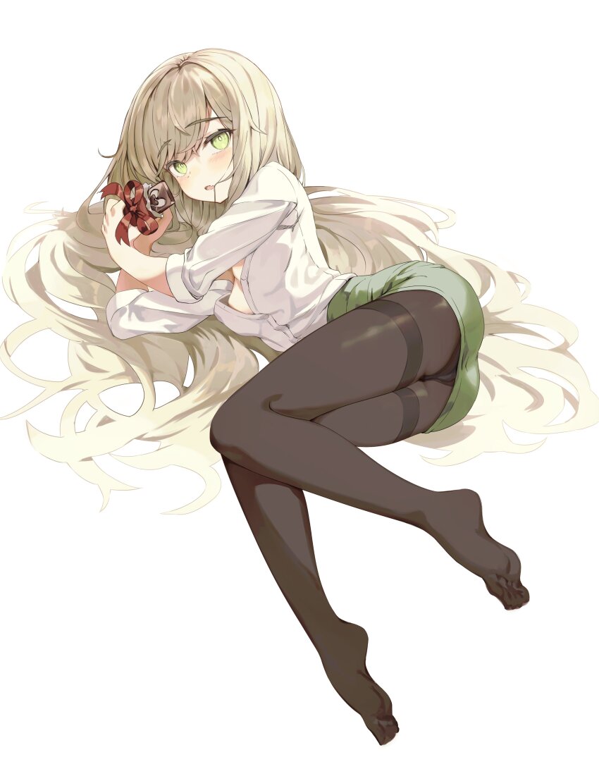 1girl, absurdres, ass, blonde_hair, blush, breasts, chocolate, cleavage, commentary, eucharist_(neural_cloud), fang, full_body, girls'_frontline, girls'_frontline_neural_cloud, green_eyes, green_skirt, hair_down, hair_in_own_mouth, hair_spread_out, highres, holding, lemures, long_hair, looking_at_viewer, lying, no_shoes, office_lady, on_side, open_clothes, open_mouth, open_shirt, panties, panties_under_pantyhose, pantyhose, pencil_skirt, red_ribbon, ribbon, shirt, simple_background, skin_fang, skirt, sleeves_rolled_up, small_breasts, solo, thighband_pantyhose, underwear, valentine, very_long_hair, white_background, white_shirt
