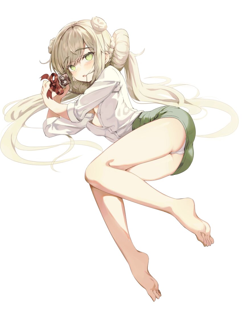 1girl, absurdres, ass, bare_legs, barefoot, blonde_hair, blush, breasts, chocolate, cleavage, commentary, double_bun, eucharist_(neural_cloud), fang, full_body, girls'_frontline, girls'_frontline_neural_cloud, green_eyes, green_skirt, hair_bun, hair_in_own_mouth, highres, holding, lemures, long_hair, looking_at_viewer, lying, office_lady, on_side, open_clothes, open_mouth, open_shirt, panties, pencil_skirt, red_ribbon, ribbon, shirt, simple_background, skin_fang, skirt, sleeves_rolled_up, small_breasts, solo, twintails, underwear, valentine, very_long_hair, white_background, white_panties, white_shirt