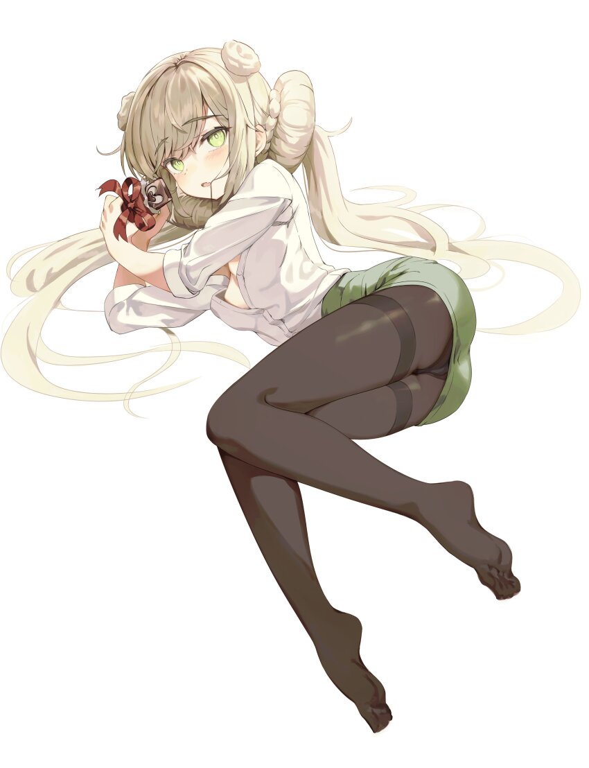 1girl, absurdres, ass, blonde_hair, blush, breasts, chocolate, cleavage, commentary, double_bun, eucharist_(neural_cloud), fang, full_body, girls'_frontline, girls'_frontline_neural_cloud, green_eyes, green_skirt, hair_bun, hair_in_own_mouth, hair_spread_out, highres, holding, lemures, long_hair, looking_at_viewer, lying, no_shoes, office_lady, on_side, open_clothes, open_mouth, open_shirt, panties, panties_under_pantyhose, pantyhose, pencil_skirt, red_ribbon, ribbon, shirt, simple_background, skin_fang, skirt, sleeves_rolled_up, small_breasts, solo, thighband_pantyhose, twintails, underwear, valentine, very_long_hair, white_background, white_shirt