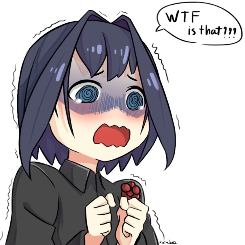 1girl, artist_name, black_shirt, blue_eyes, blue_hair, casual, commentary, english_commentary, english_text, food, fruit, hair_intakes, highres, holding, holding_food, holding_fruit, hololive, hololive_english, kata_isaki, open_mouth, ouro_kronii, scared, shaded_face, shirt, signature, simple_background, solo, trembling, virtual_youtuber, white_background