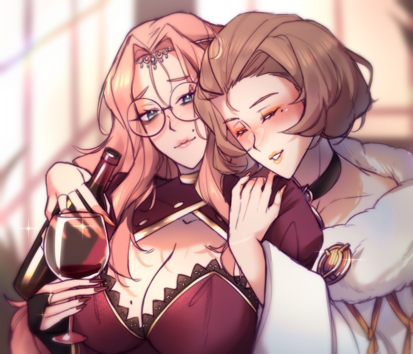 2girls, absurdres, alcohol, alternate_costume, alternate_universe, breasts, cornelia_arnim, cuddling, cup, drinking_glass, drunk, fire_emblem, fire_emblem:_three_houses, glasses, highres, large_breasts, manuela_casagranda, mole, mole_above_mouth, mole_on_breast, mole_under_eye, multiple_girls, nams_schmellows, nintendo, wine, wine_glass, yuri