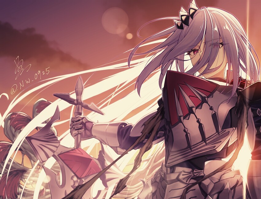 1girl, armor, despian_luluwalilith, duel_monster, fleurdelis_(yu-gi-oh!), grey_hair, hair_over_one_eye, highres