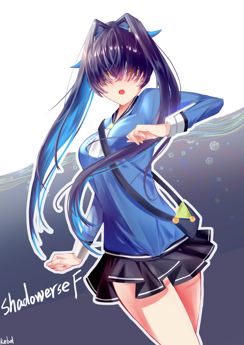 1girl, absurdres, arm_up, bag, bare_legs, black_hair, blush, copyright_name
