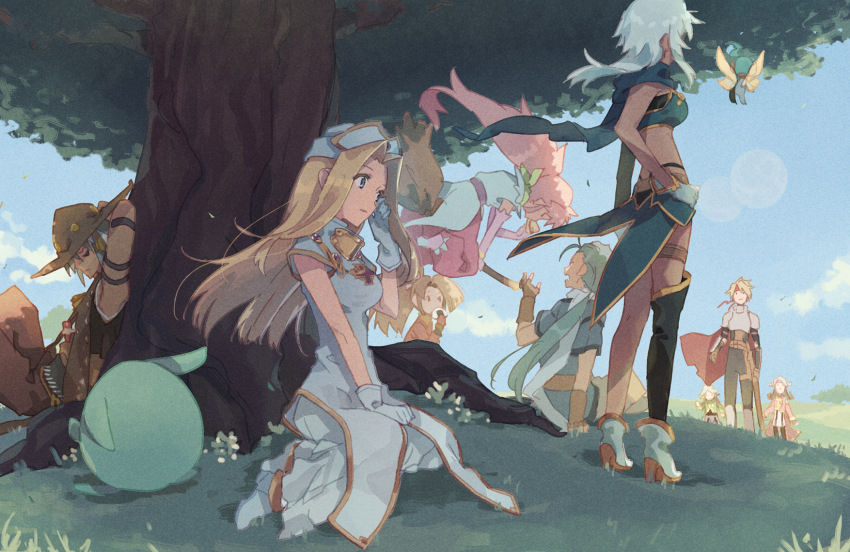 1other, 4boys, 5girls, against_tree, arche_klein, armor, blonde_hair, blue_eyes