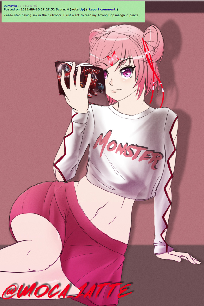 among_us, crop_top, doki_doki_literature_club, highres, midriff, moca_1atte, natsuki_(doki_doki_literature_club), navel