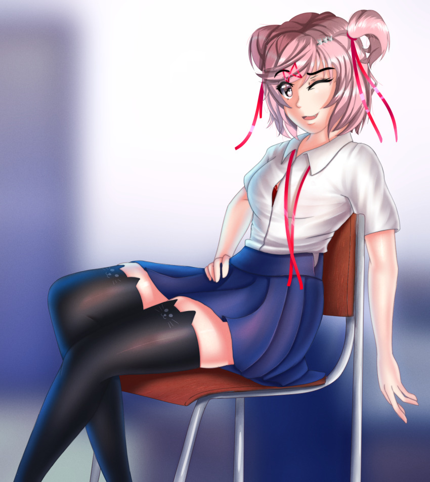 blazer, chair, doki_doki_literature_club, highres, jacket, moca_1atte, natsuki_(doki_doki_literature_club), one_eye_closed