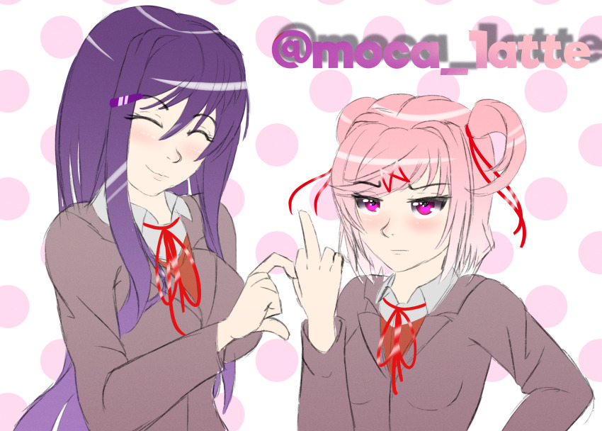 absurdres, blazer, doki_doki_literature_club, highres, jacket, middle_finger, moca_1atte, natsuki_(doki_doki_literature_club)