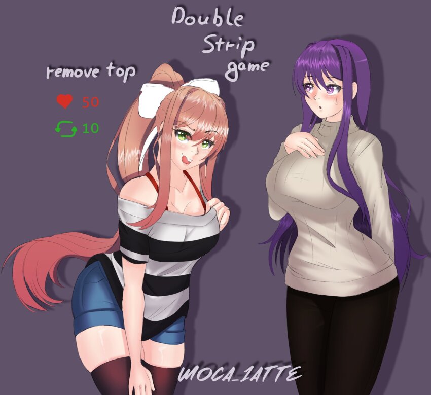 2girls, bow, bra_strap, breasts, brown_hair, doki_doki_literature_club, green_eyes, highres, large_breasts, medium_breasts, moca_1atte, monika_(doki_doki_literature_club), multiple_girls, pullover, purple_eyes, purple_hair, shirt, striped_clothes, striped_shirt, thighhighs, twitter_strip_game, yuri_(doki_doki_literature_club)
