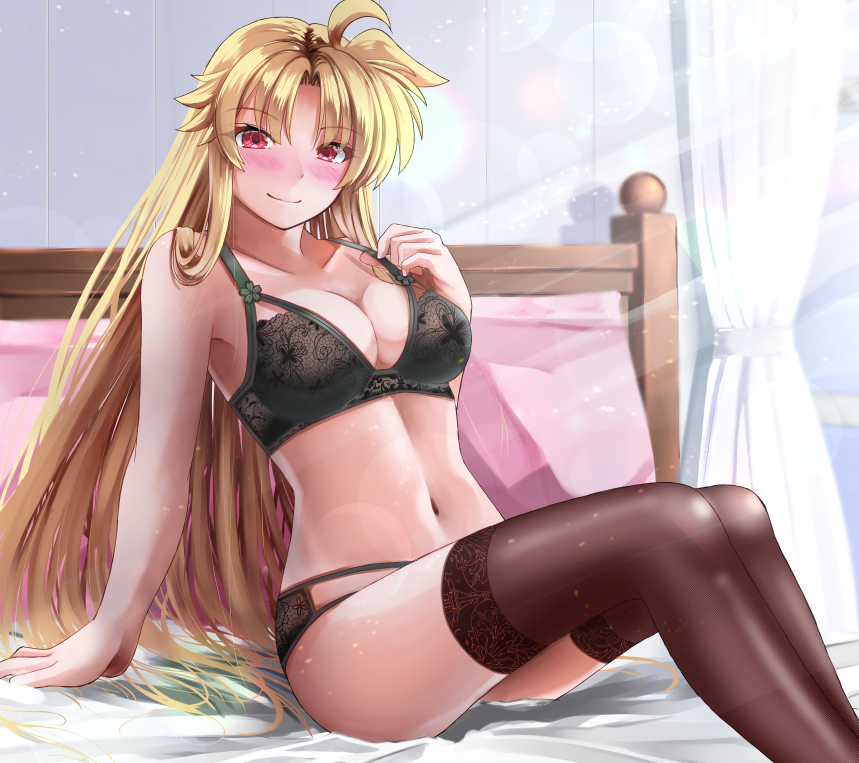 1girl, ahoge, arm_support, bed, bedroom, black_bra, black_hair, black_panties