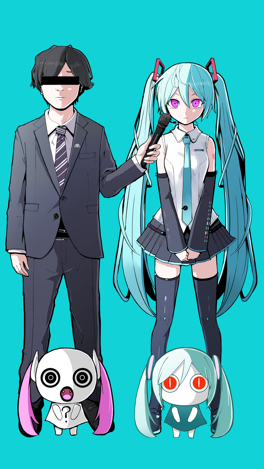 1boy, 3girls, ?, absurdres, aimaina, aqua_background, aqua_hair, aqua_necktie