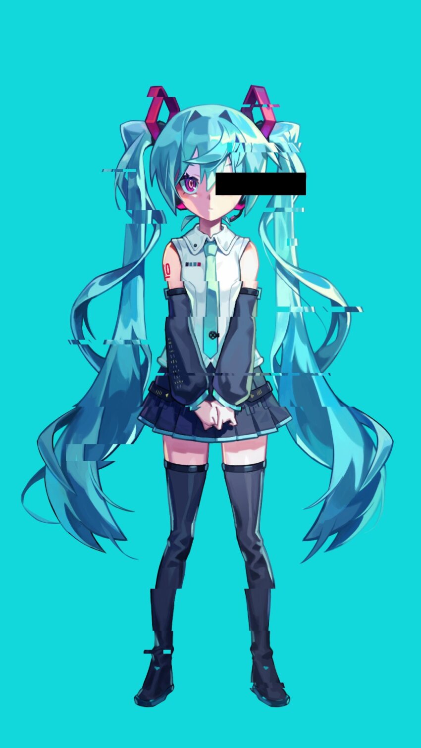 1girl, tokumei_m_(vocaloid), aqua_background, aqua_hair, aqua_necktie, bar_censor, bare_shoulders, black_skirt