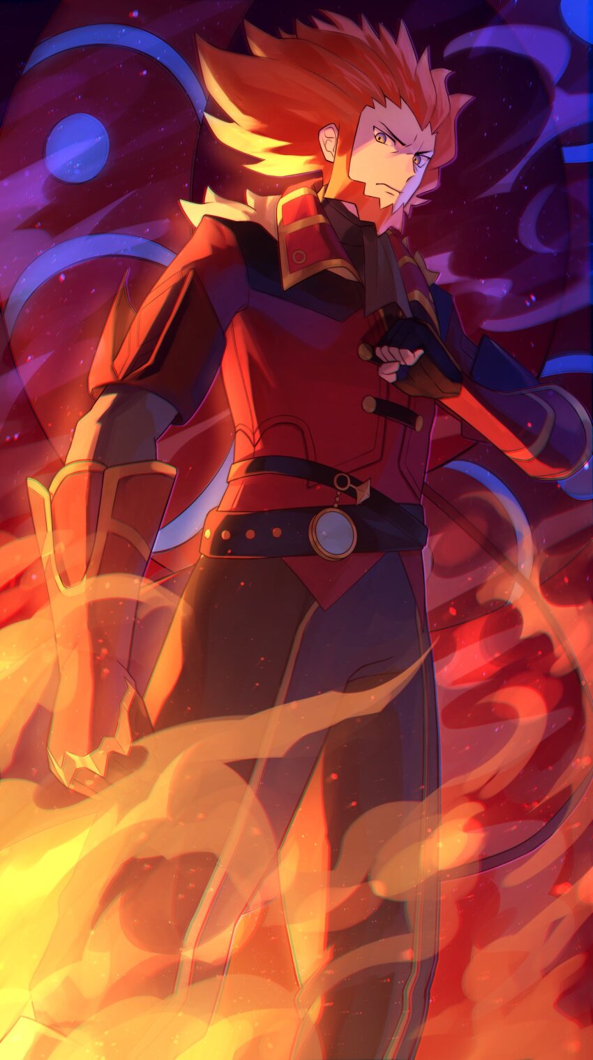 1boy, absurdres, beard, blue_eyes, clenched_hand, embers, facial_hair, fingerless_gloves