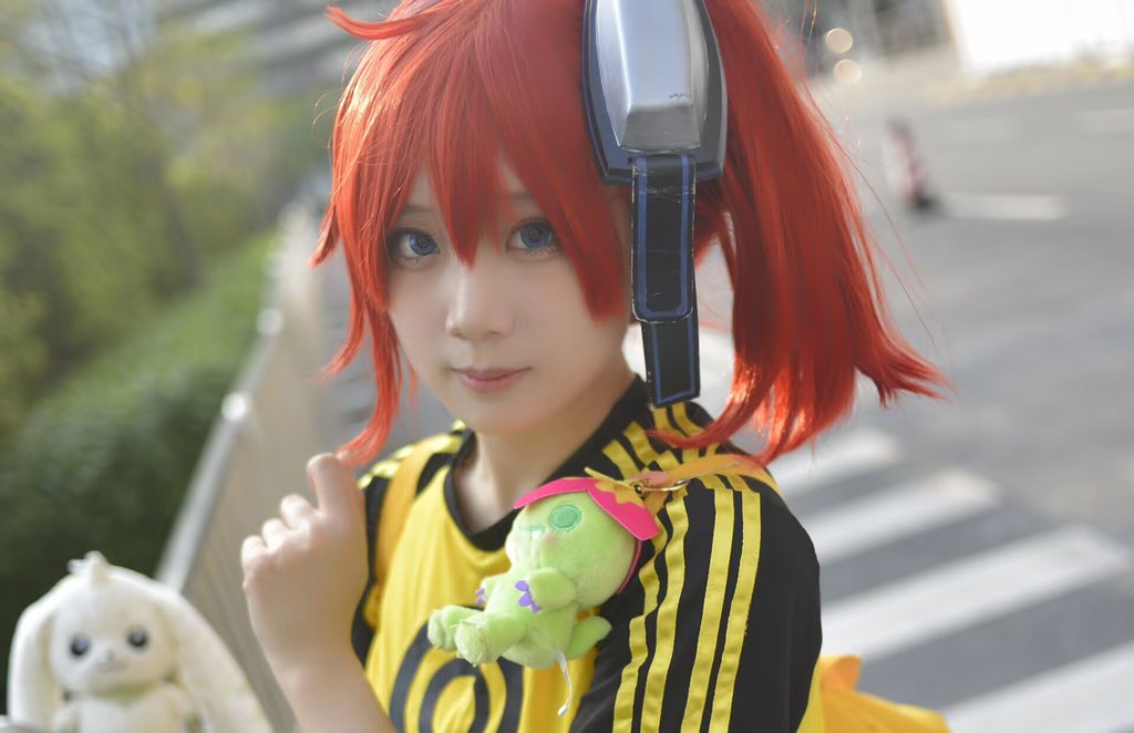 1girl, aiba_ami, aiba_ami_(cosplay), blue_eyes, cosplay, digimon, female_focus, looking_at_viewer, palmon, photo_(medium), real_life, red_hair, smile, solo, terriermon