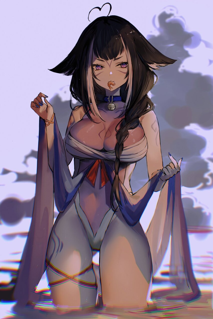 1girl, :3, ahoge, animal_ears, bell, belt_collar, black_hair, blue_collar