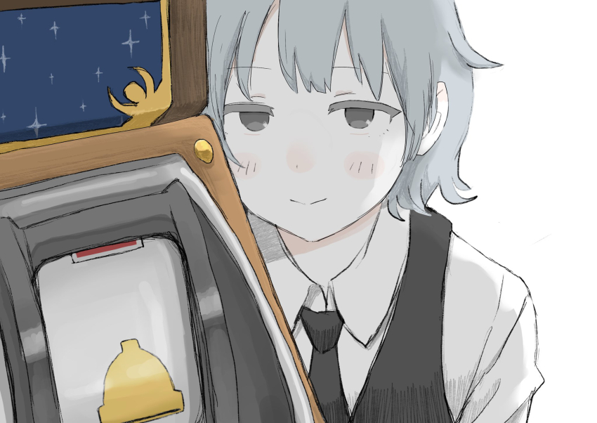 1girl, :>, bell_print, black_necktie, black_vest, blush, closed_mouth, dot_nose